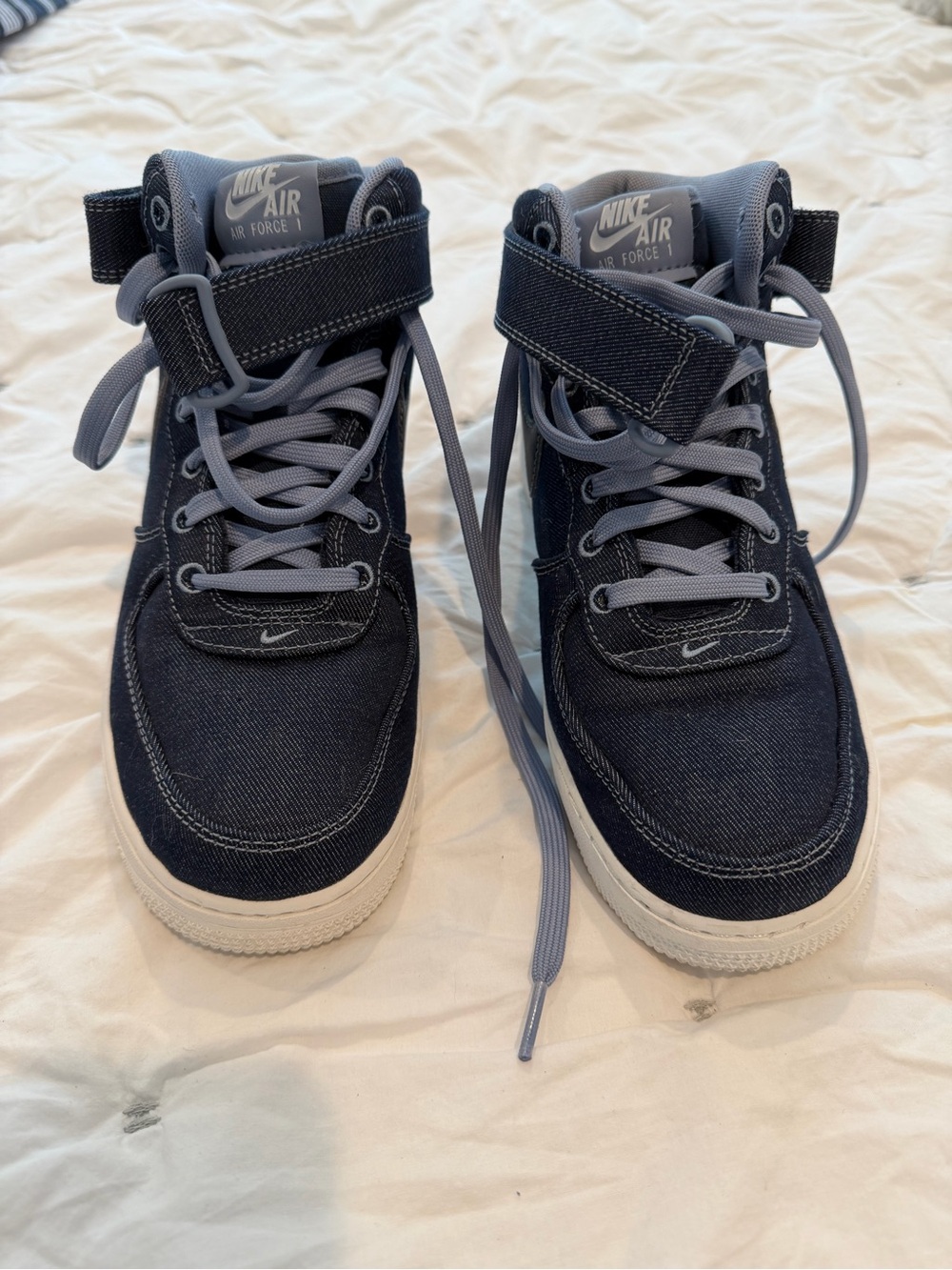 Nike Air Force 1 High Top Sneakers - Denim with light blue laces